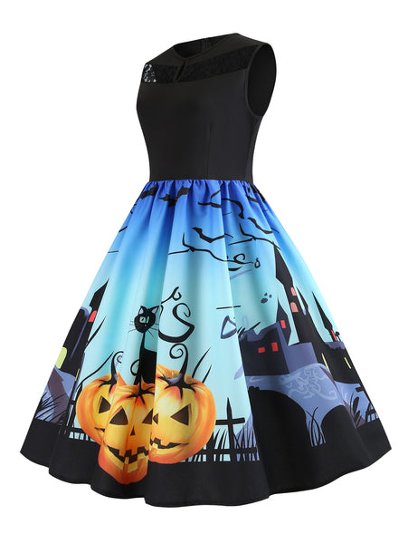 Lace Panel Bat Pumpkin Sleeveless Halloween Dress