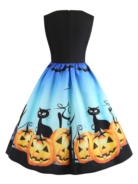 Lace Panel Bat Pumpkin Sleeveless Halloween Dress
