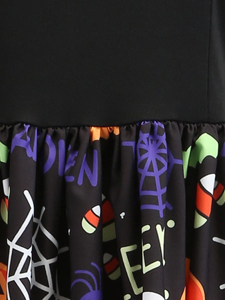 Pumpkin Skull Spiders Belted Long Sleeves Halloween Dress