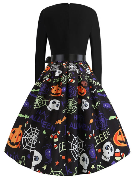 Pumpkin Skull Spiders Belted Long Sleeves Halloween Dress