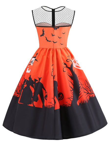 Mesh Panel Bat Print Sleeveless Halloween Dress