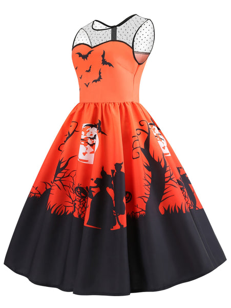 Mesh Panel Bat Print Sleeveless Halloween Dress