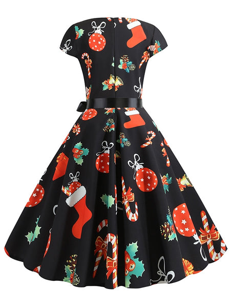 Santa Claus Gifts Cap Sleeves Belted Christmas Dress
