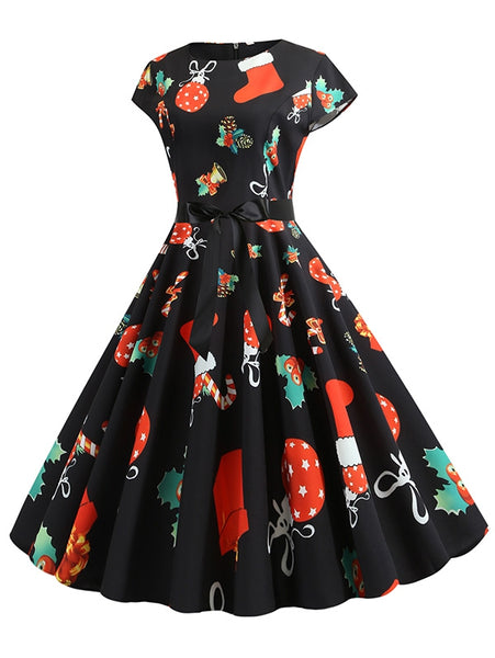 Santa Claus Gifts Cap Sleeves Belted Christmas Dress