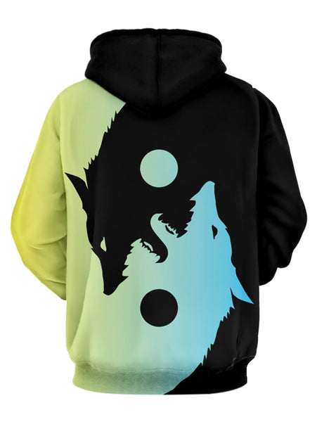 Wolf Print Kangaroo Pocket Casual Hoodie