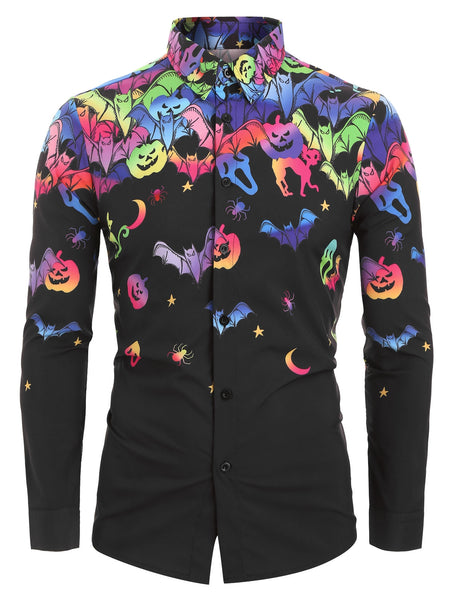 Halloween Bat Pumpkin Print Long-sleeved Men Shirt