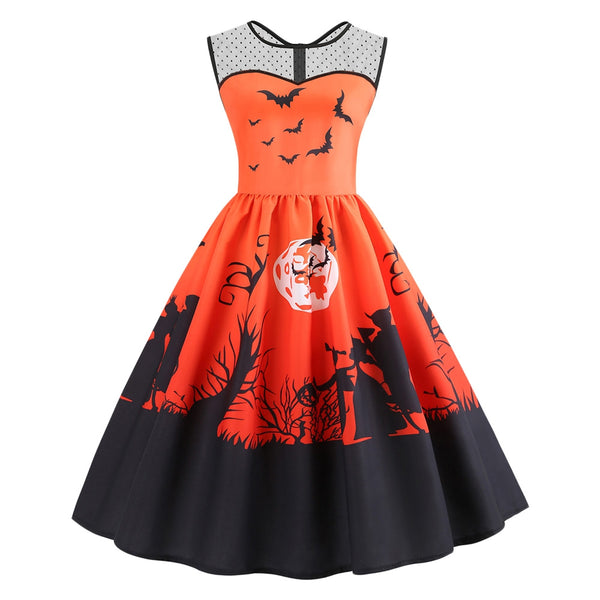Mesh Panel Bat Print Sleeveless Halloween Dress