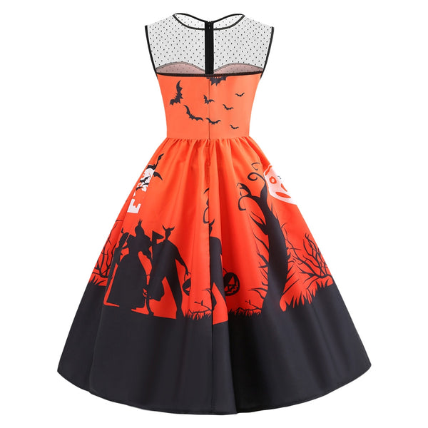 Mesh Panel Bat Print Sleeveless Halloween Dress