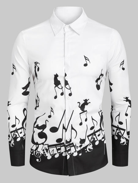 Music Notes and Cat Print Button Up Long Sleeve Festival Shirt