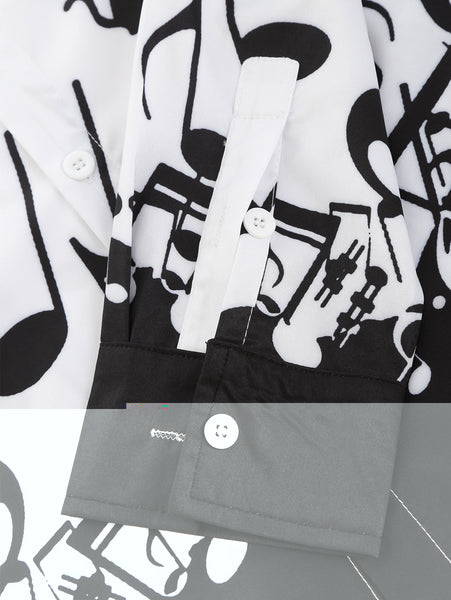 Music Notes and Cat Print Button Up Long Sleeve Festival Shirt