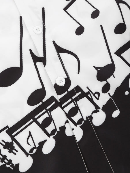 Music Notes and Cat Print Button Up Long Sleeve Festival Shirt