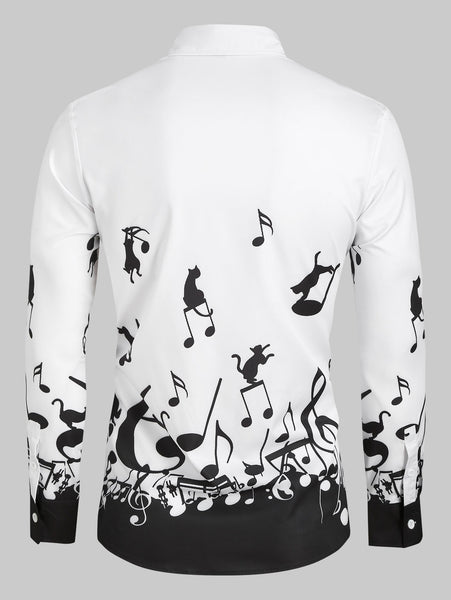 Music Notes and Cat Print Button Up Long Sleeve Festival Shirt