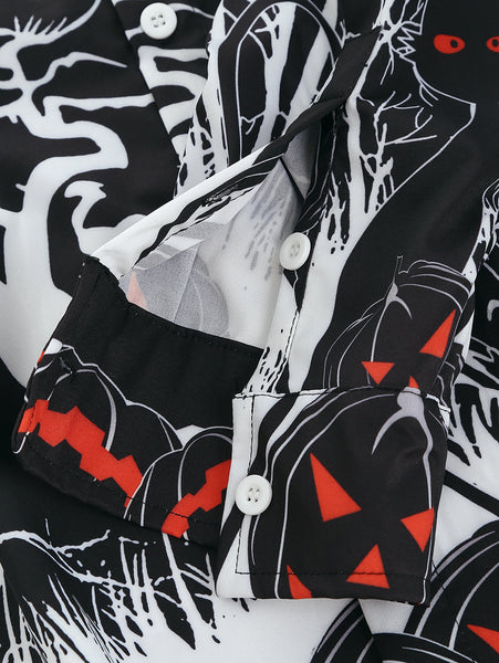 Halloween Night Pumpkins Print Button Up Long Sleeve Shirt