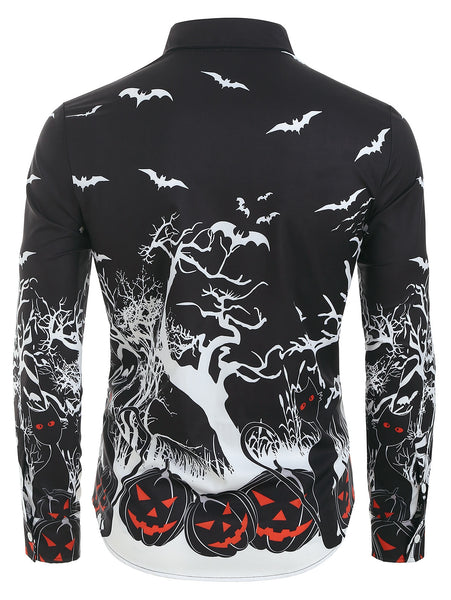Halloween Night Pumpkins Print Button Up Long Sleeve Shirt
