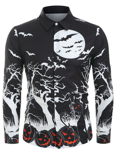 Halloween Night Pumpkins Print Button Up Long Sleeve Shirt