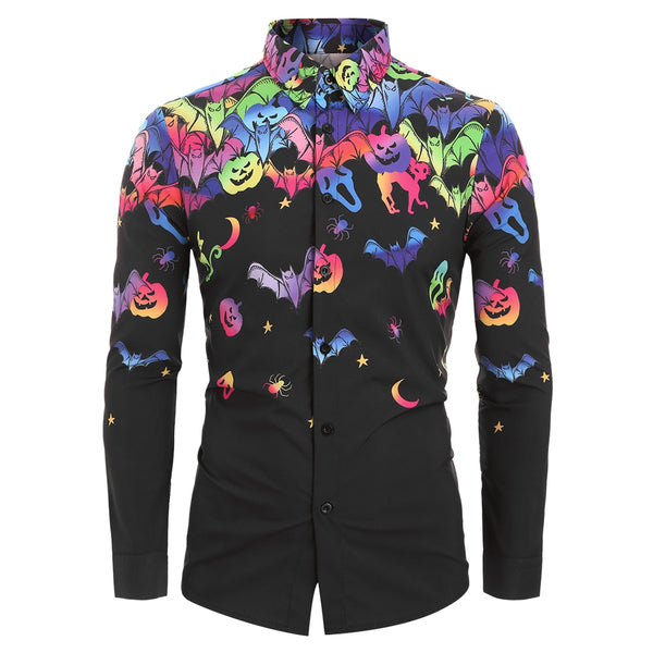 Halloween Bat Pumpkin Print Long-sleeved Men Shirt