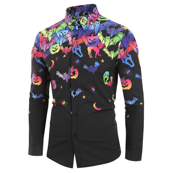 Halloween Bat Pumpkin Print Long-sleeved Men Shirt