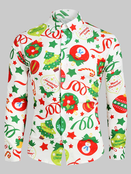 Christmas Pattern Ball Star Candy Long Sleeve Button Shirt