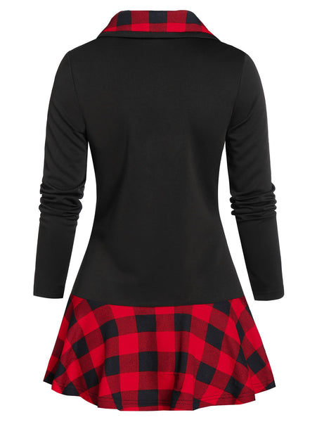 Plaid Print Mock Button Ruffle Hem T-shirt