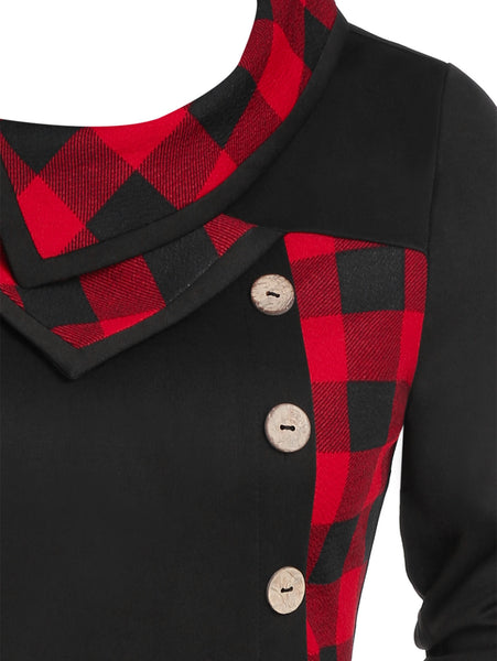 Plaid Print Mock Button Ruffle Hem T-shirt