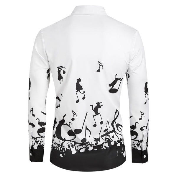 Music Notes and Cat Print Button Up Long Sleeve Festival Shirt