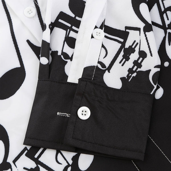 Music Notes and Cat Print Button Up Long Sleeve Festival Shirt