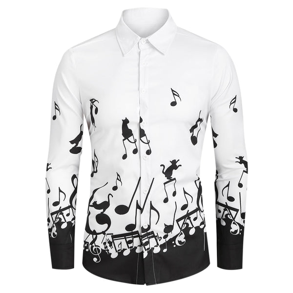 Music Notes and Cat Print Button Up Long Sleeve Festival Shirt