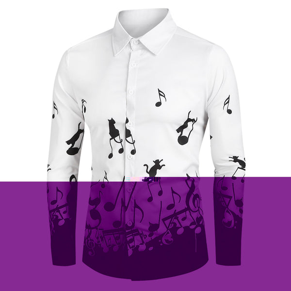 Music Notes and Cat Print Button Up Long Sleeve Festival Shirt