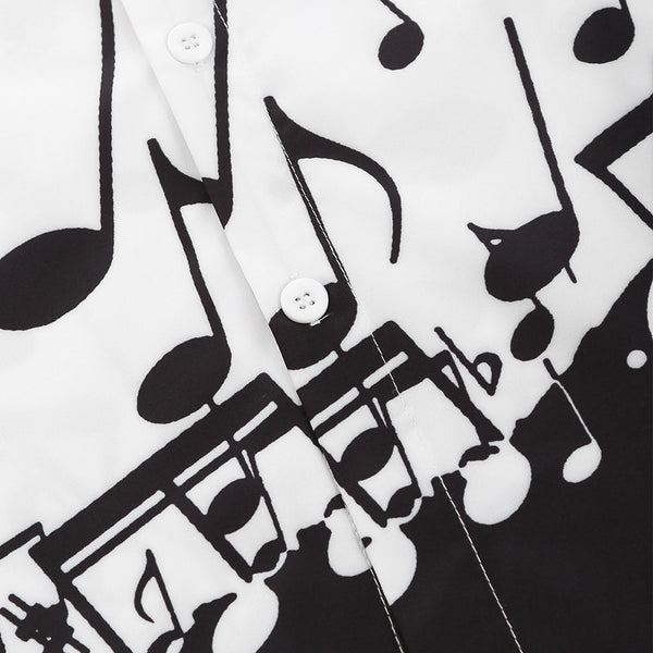Music Notes and Cat Print Button Up Long Sleeve Festival Shirt