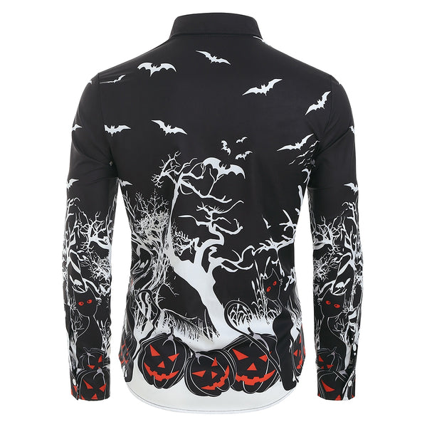 Halloween Night Pumpkins Print Button Up Long Sleeve Shirt