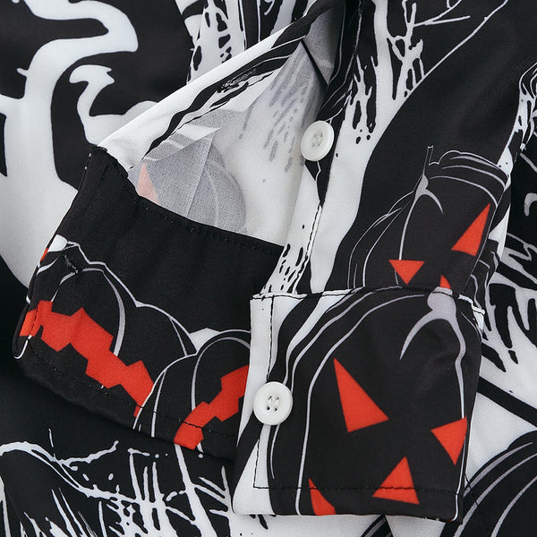 Halloween Night Pumpkins Print Button Up Long Sleeve Shirt