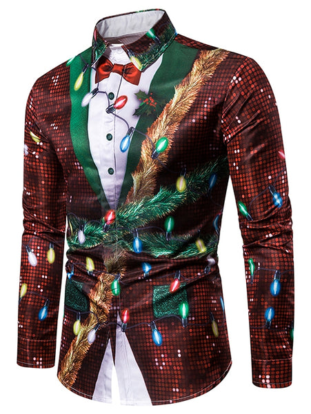 Christmas Faux Sequins Button Up Tuxedo Shirt