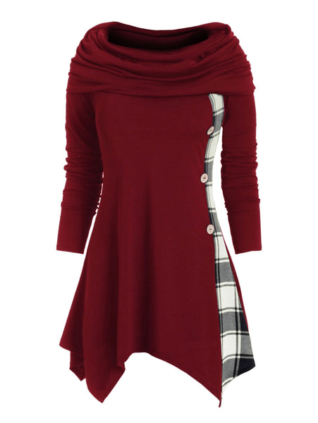 Plaid Convertible Neck Mock Button Handkerchief T-shirt