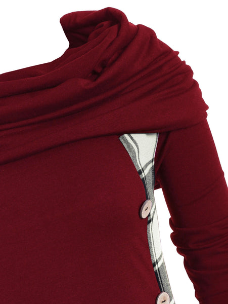 Plaid Convertible Neck Mock Button Handkerchief T-shirt