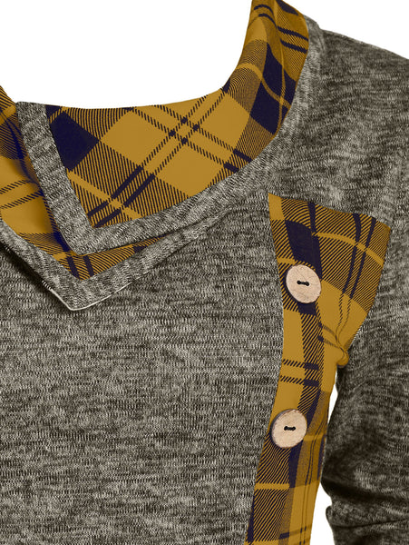 Plaid Print Mock Button Long Sleeve Overlap T-shirt