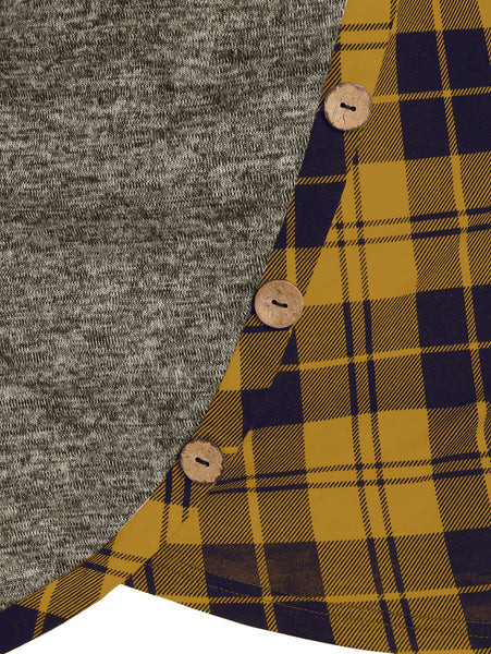 Plaid Print Mock Button Long Sleeve Overlap T-shirt