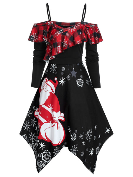 Cold Shoulder Ruffled Santa Claus Print Christmas Dress