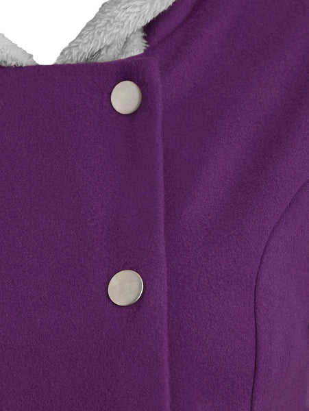 Snap Button Fur Trim Hooded High Low Coat