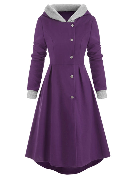 Snap Button Fur Trim Hooded High Low Coat
