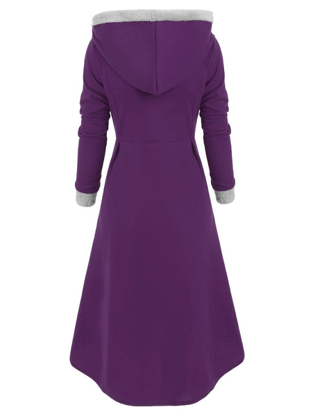 Snap Button Fur Trim Hooded High Low Coat