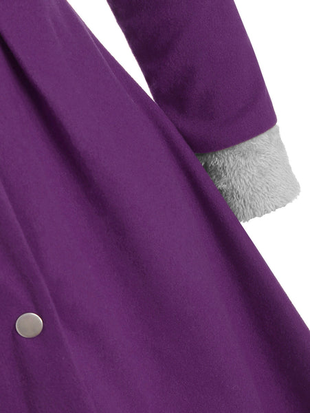 Snap Button Fur Trim Hooded High Low Coat