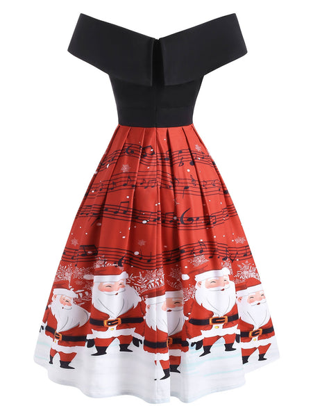 Folded Off Shoulder Christmas Santa Claus Musical Note Dress
