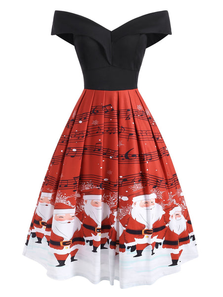 Folded Off Shoulder Christmas Santa Claus Musical Note Dress