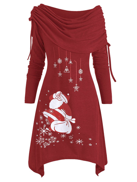 Christmas Santa Claus Cinched Off Shoulder Asymmetrical Dress