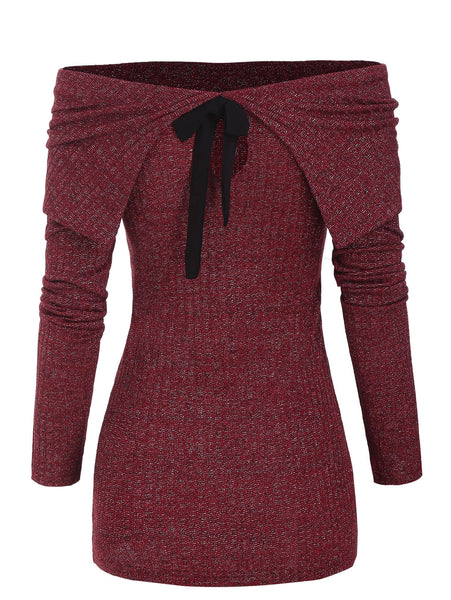 Folded Cowl Neck Bowknot Metallic Thread Knitwear