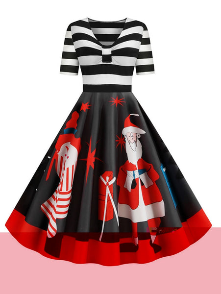 Santa Claus Striped Gathered Christmas Dress