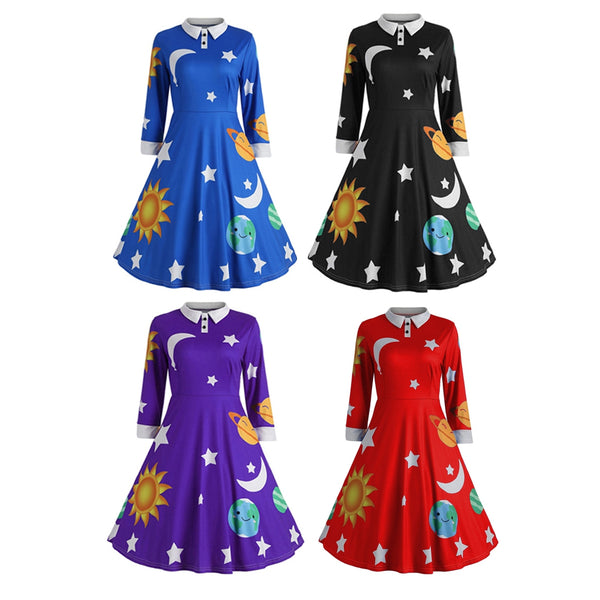 Long Sleeve Sun Moon Star Print A-line Women Dress