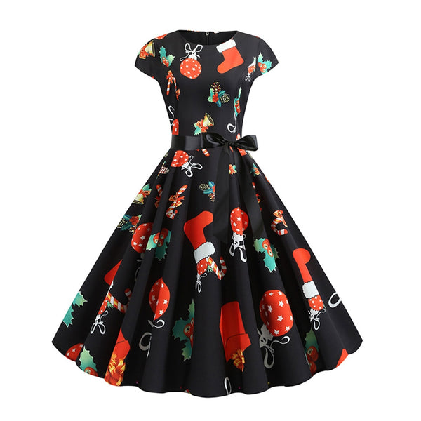Santa Claus Gifts Cap Sleeves Belted Christmas Dress