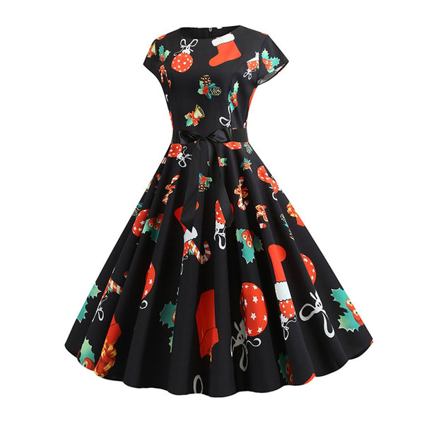 Santa Claus Gifts Cap Sleeves Belted Christmas Dress