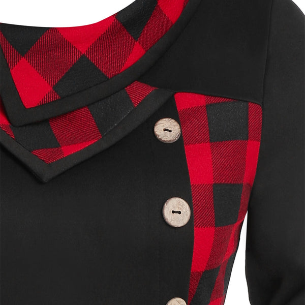 Plaid Print Mock Button Ruffle Hem T-shirt